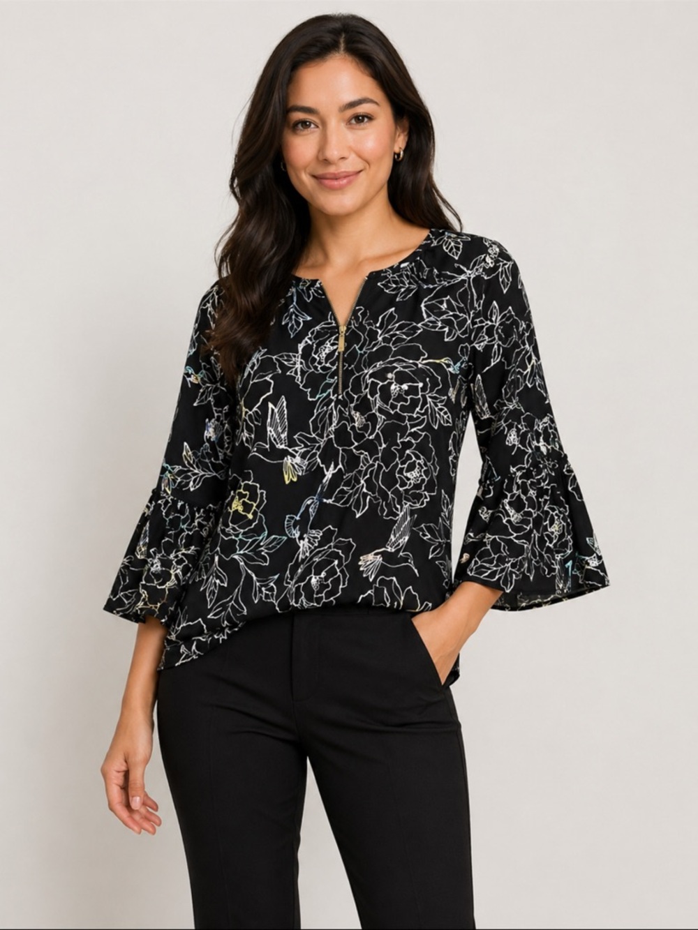 Apt. 9 Black Floral Blouse Print Zip Neck Bell Sleeve Blouse Size Large